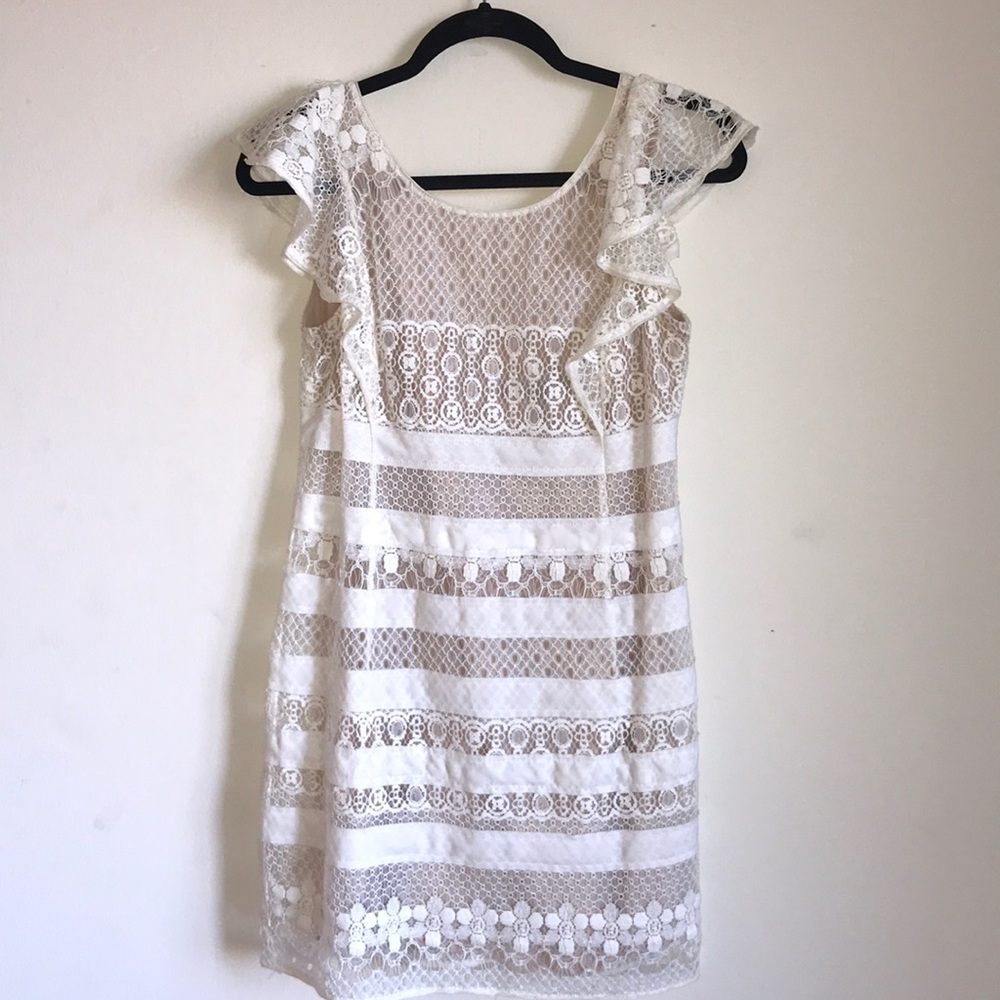 BCBGMaxAzria white lace dress with nude underlay
